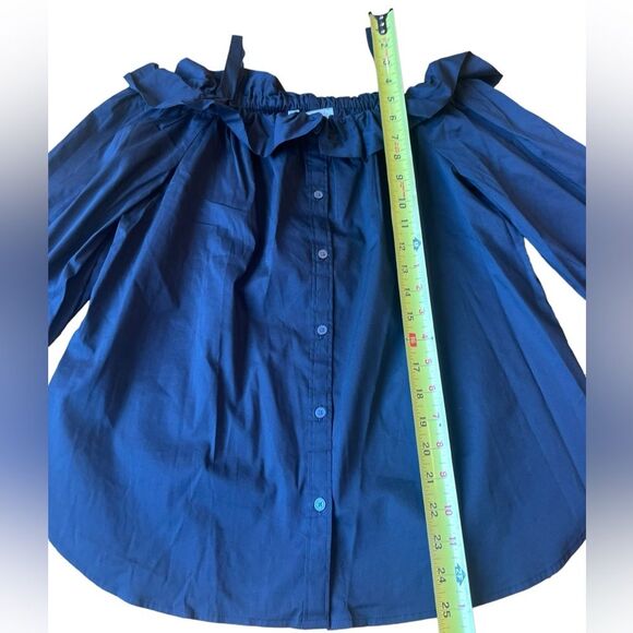 Loft Black Ruffle Off The Shoulder Button Up Blouse Size Medium Petite NWT - Picture 9 of 10